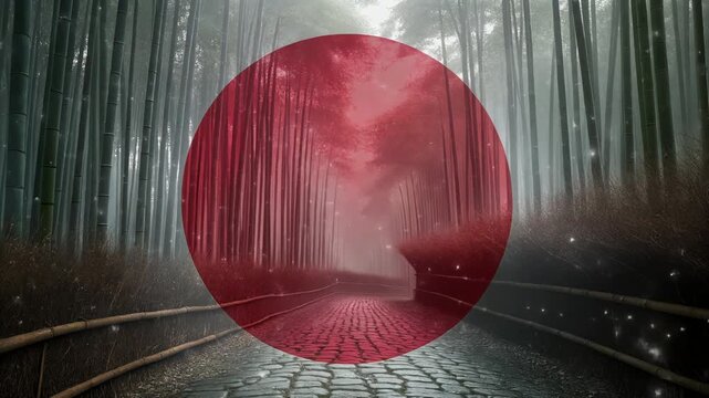 日本国旗と霧の竹林が重なる幻想的な二重露光ポートレート