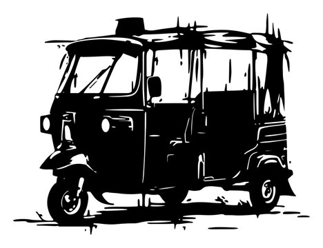Black and white vector illustration of an asian auto rickshaw or tuk tuk taxi