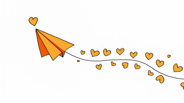 Minimal orange paper plane flying hearts trail white clean background school love concept design