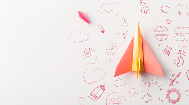 Clean minimalist illustration paper plane playful childlike scribbles ideas imagination white empty space