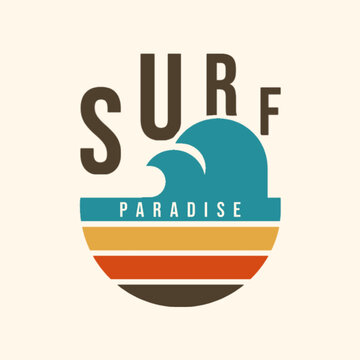 Retro surf paradise t-shirt design featuring ocean waves, sunset stripes, and bold typography in a vintage beach-inspired style with tropical summer vibes.