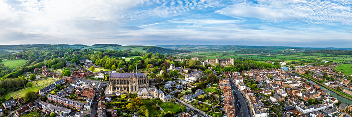 Arundel Cathedral and Arundel Castle from a drone, Arundel, West Sussex, England © Maciej Olszewski