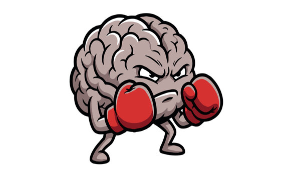 Angry human brain character wearing red boxing gloves in a fighting stance representing mental health struggle, psychological strength, and fighting stress.