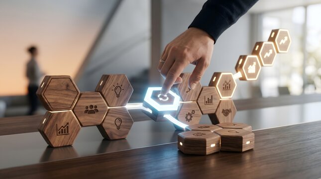 Business process optimization and system integration concept. Hand pressing glowing sync icon to connect wooden hexagon networks.