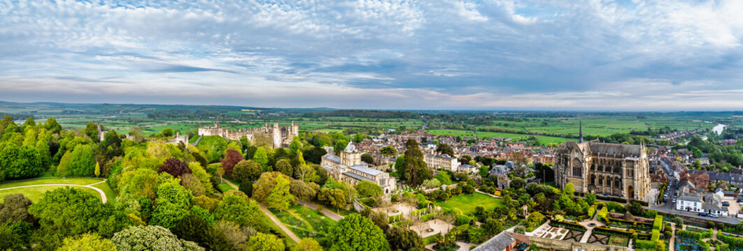 Arundel Cathedral and Arundel Castle from a drone, Arundel, West Sussex, England