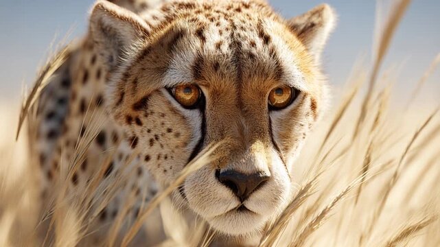 Focused cheetah watching prey in golden savanna grass under warm sunlight