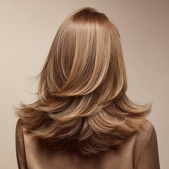 Naklejka premium Woman showcasing a beautifully styled layered haircut with honey blonde highlights, demonstrating healthy, shiny, voluminous locks with a professional blowout finish