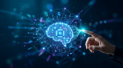 Fototapeta premium Finger touching glowing artificial intelligence brain microchip. Advanced machine learning, neural network and cybernetic technology concept.