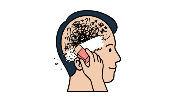 Human head profile illustration showing a hand using a pink eraser to clear messy scribbles and chaotic thoughts for mental health clarity and peace.