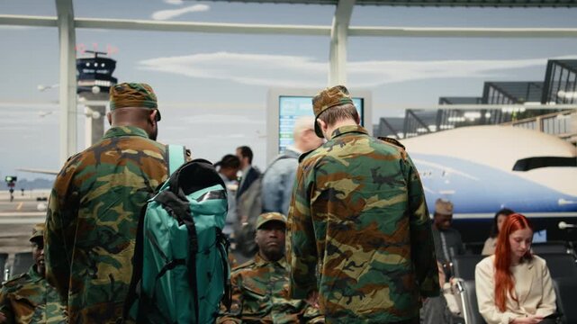 Talking, backpacks and military team troops in airport lounge waiting for plane departure. Discussing, camaraderie and multiethnic army squad in transportation hub, camera A