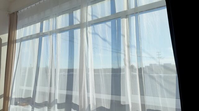 Sunlit window with white tulle drifting across dark curtains, gentle breeze animating sheer fabric, bright blue sky and rooftop