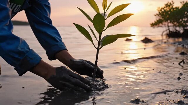 Close-up of hands planting a young tree sapling into wet soil near the water's edge during a golden sunset, symbolizing growth and environmental care