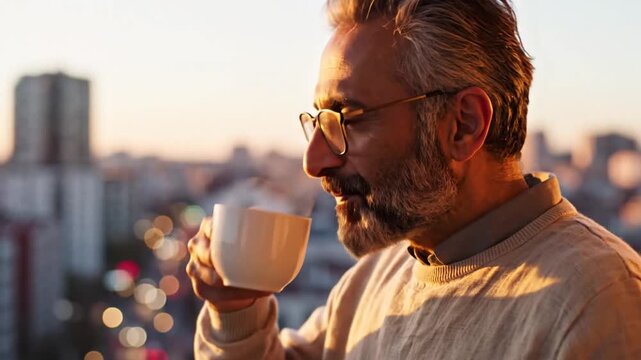 Smiling man holding coffee mug on city rooftop at sunset