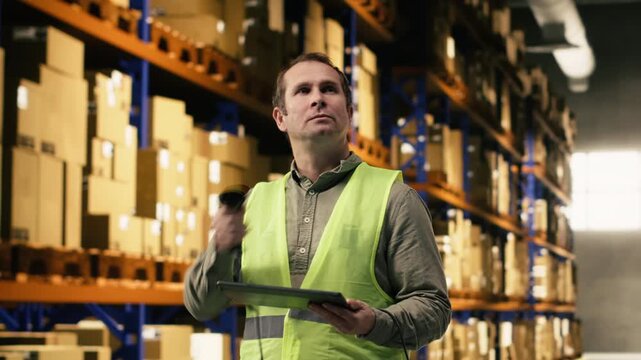 Warehouse staff scanning barcodes and shipment details on tablet, checking AWB labels for inventory before delivery and transportation. Fulfillment center distribution operations.
