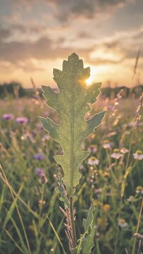 Serene minimalist green leaf gently swaying in golden hour sunset light, authentic UGC style vertical video
