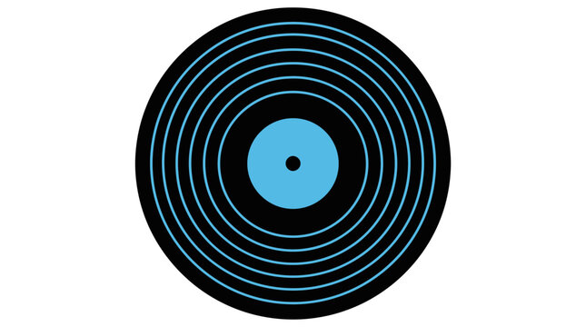 A blue and black vinyl record with concentric circles on a white background