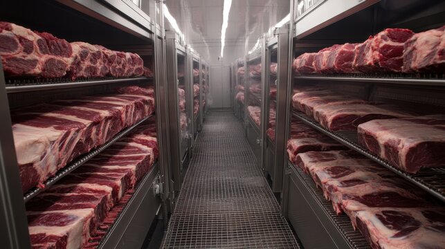 Industrial Meat Processing Chamber With Racks of Raw Cuts