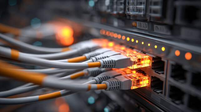 Network switch with multiple ethernet cables connected featuring glowing orange status indicators and data transfer activity in a modern server environment