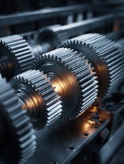 Fototapeta premium Detailed view of interlocking shiny metal gears with ambient lighting highlighting precision machinery components in an industrial manufacturing setting