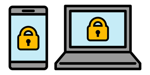 スマホとパソコンの鍵アイコン セキュリティ保護とログイン認証を表すデザイン素材　Lock Icon on Smartphone and Laptop Security Protection Login Authentication Concept  © ochikosan