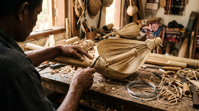 Authentic Sasando crafting process for cultural education, artisan storytelling, heritage campaigns, and Indonesian traditional craftsmanship promotions.