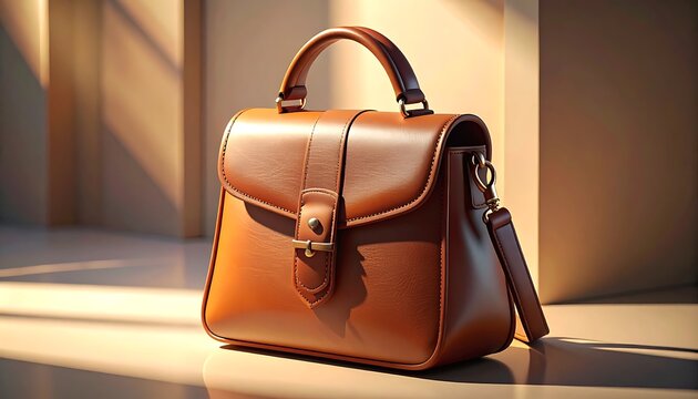 Elegant brown leather handbag with brass hardware and a detachable shoulder strap, soft studio lighting, product photography