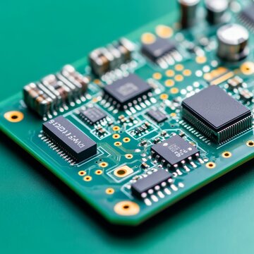 Angled macro of an emerald green circuit board (PCB), densely populated with integrated circuits (ICs), components and golden traces, showcasing modern digital electronics engineering.