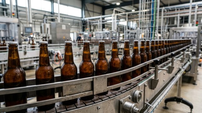 Row of brown beer bottles moving on conveyor belt in factory. Industrial bottling line for beverage production. Modern manufacturing process in brewery.