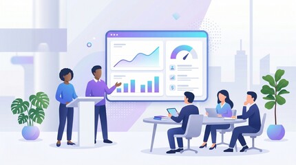 Fototapeta premium Business Presentation Illustration with Team Meeting and Data Analytics Dashboard for Corporate Strategy