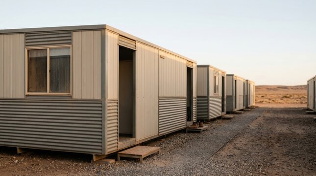 Row of portable cabins aligned in arid outback landscape. Worker housing units with lit windows at sunset. Remote industrial accommodation concept for mining sites and rural development.