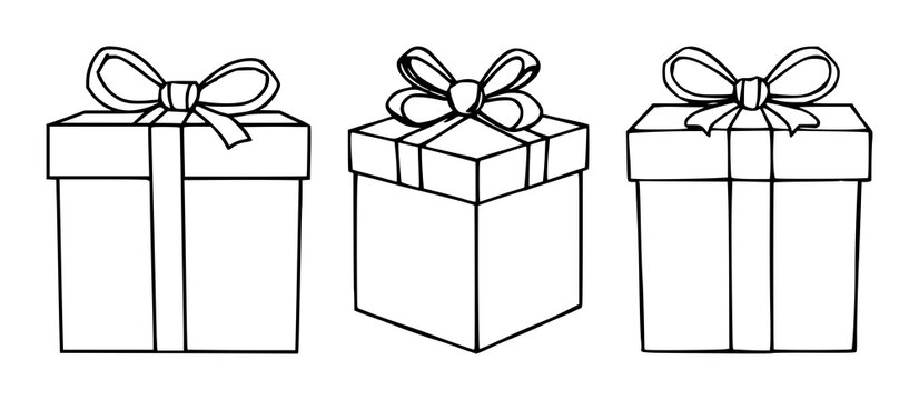 Gift box set with black line art design on white background featuring gift, present, wrapper with minimalist and black and white