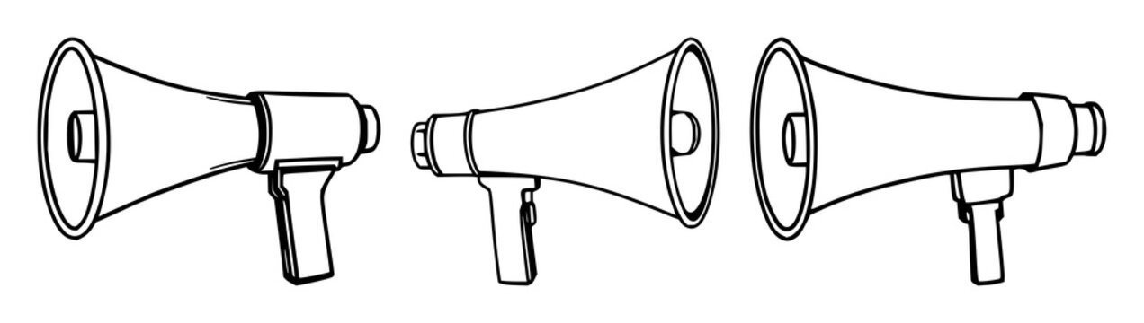 Megaphone set with stylized black line art on white background featuring megaphone icon, sound amplification, communication with illustration and vector graphics
