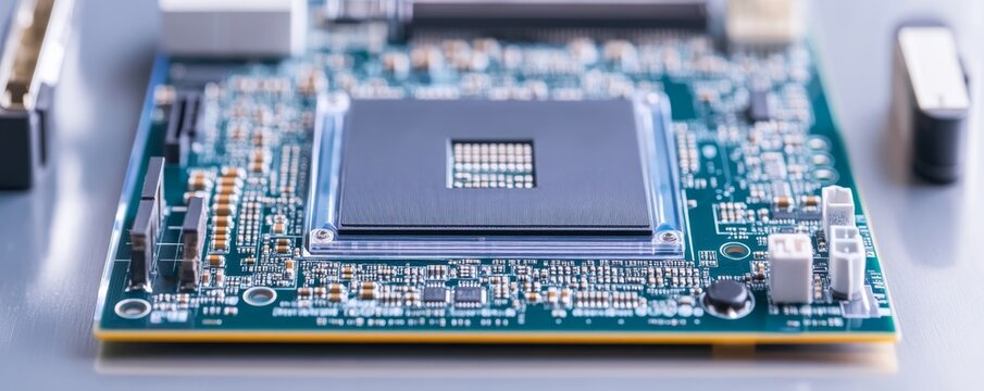 Close-up on a vibrant green PCB, featuring an empty CPU socket with intricate golden pins, symbolizing core computing hardware and microelectronics detail., electronics, motherboard
