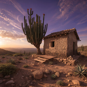 The Mud House (Casa de Taipa): A stunning landscape photograph of a solitary "casa de taipa" (wattle and daub mud house) with a clay tile roof, situated in the vast, dry backlands. A large, green Mand