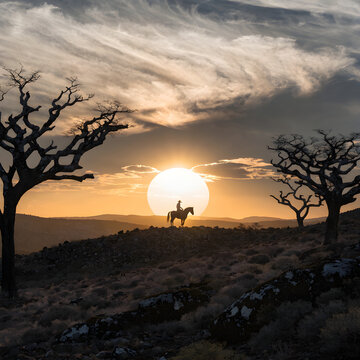 Sunset Journey: A breathtaking, wide cinematic shot of a solitary figure&mdash;a vaqueiro on horseback&mdash;riding slowly along the ridge of a dry hill. The scene is heavily silhouetted against a massive.