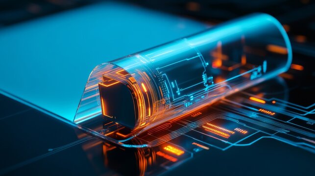 Curved translucent digital core with vibrant blueorange glowing circuits on a dark reflective platform, symbolizing advanced data processing, Futuristic, Computing