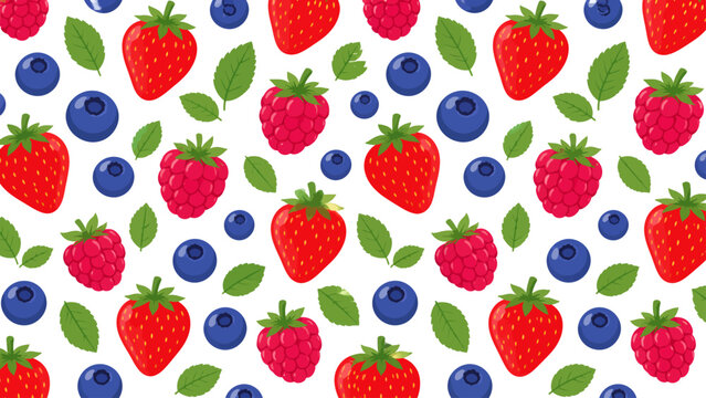 A colorful pattern of fresh strawberries, raspberries and blueberries and leaves
