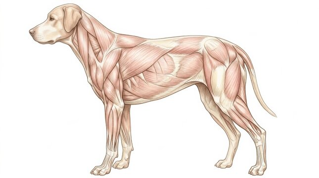 The muscular system of a dog from a side view for educational purposes in veterinary anatomy.