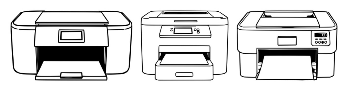 Printer set with black line art depiction, clean white background featuring printer, office equipment, electronic device with monochrome design and minimalist style