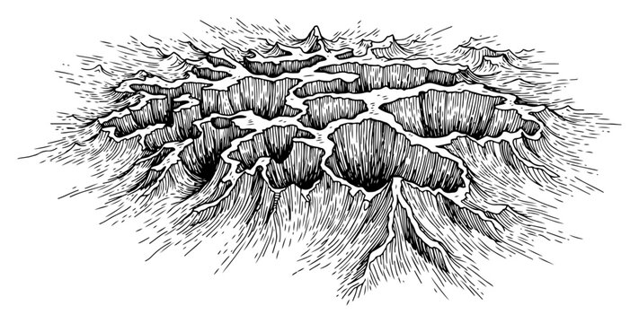 Cratered rocky landscape of asteroid impact site or lunar surface in detailed vintage engraving style