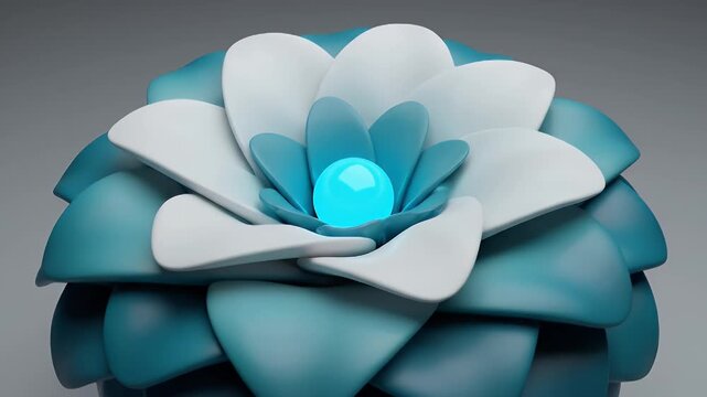 Geometric teal and blue layered flower sculpture with glowing blue core