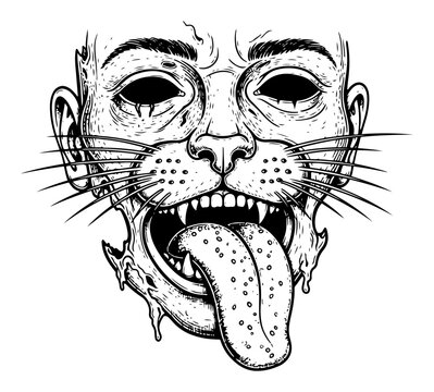 Surreal creature head combining human face with feline features and long tongue in detailed engraving style