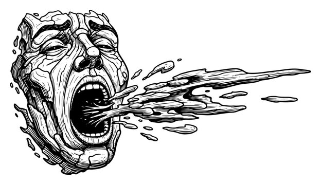 Fragmented stone head screaming with liquid substance erupting from mouth in detailed engraving style