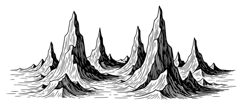 Jagged rocky mountain range with sharp peaks in detailed vintage engraving style