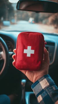 Person holding a compact red emergency first aid kit with a white cross symbol inside a car while driving on a blurred road in the background