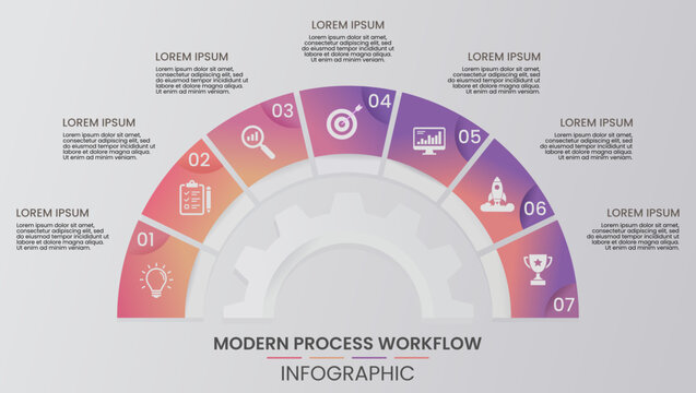 Modern Semi-Circle Gear Workflow Infographic with 7 Steps. Semi-circular gear-based diagram featuring 7 steps, ideal for showing industrial processes, mechanical engineering stages.