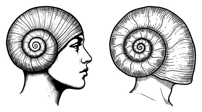 Human head profiles with spiral nautilus shells instead of hair in detailed woodcut engraving style