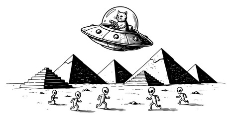 Cat piloting a flying saucer ufo over egyptian pyramids with aliens running below in vintage engraving style © Wera