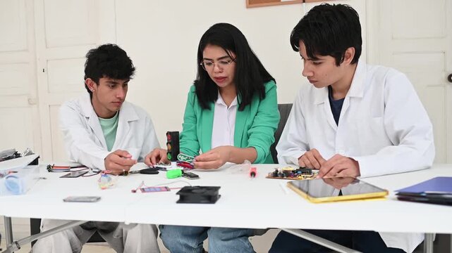 Students and teacher working on robotics class project