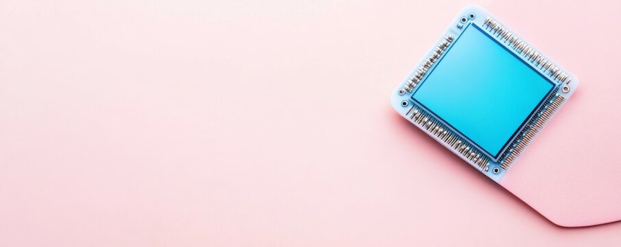 Flat lay Blue microchip on soft pink background, diagonal, with copy space. Modern tech concept AI, data processing, computing hardware, digital innovation. electronics, silicon